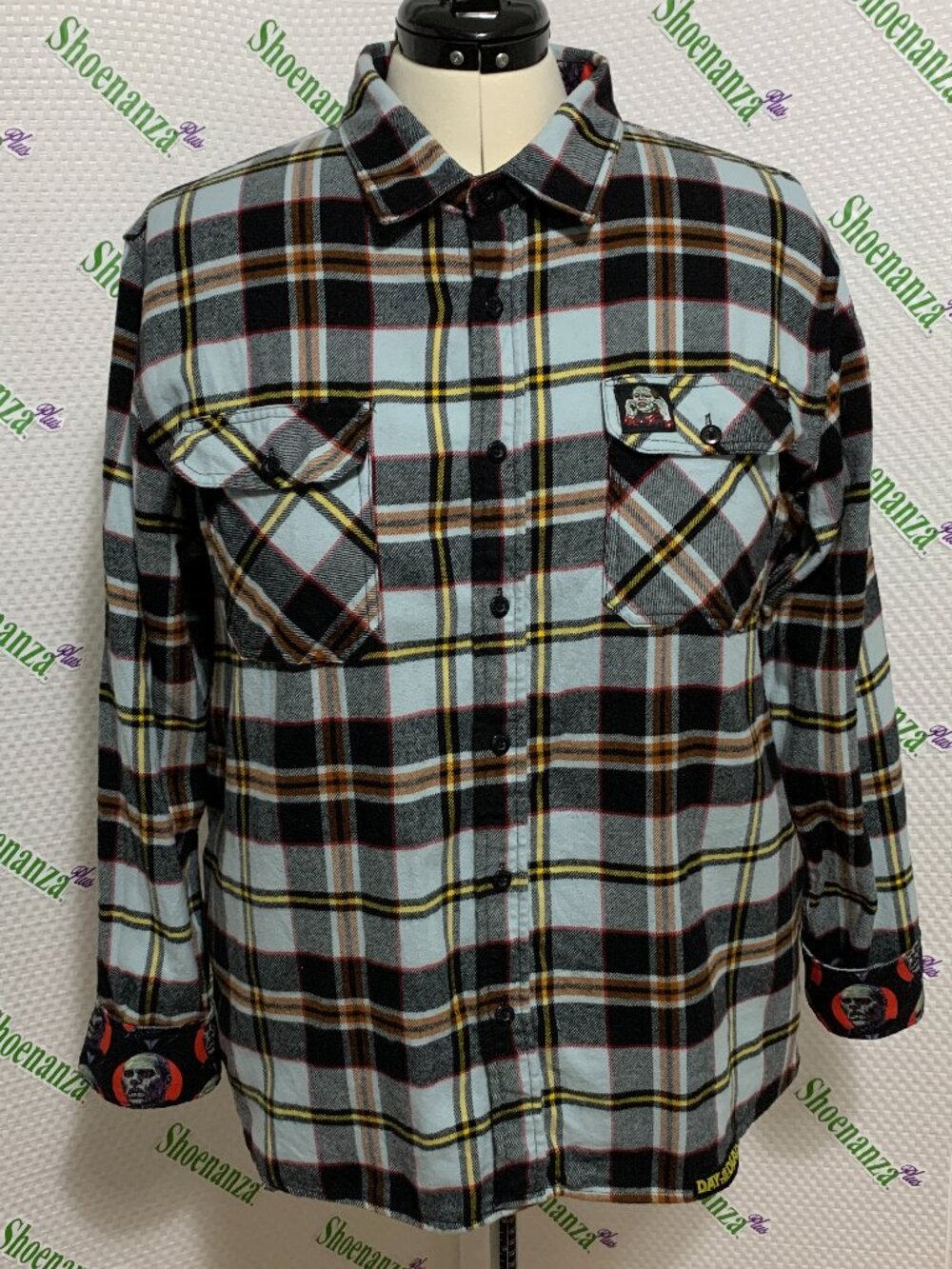 Middle Of Beyond Flannel Shirt Day Of The Dead Zombie MOB Plaid Blue Mens 2XL